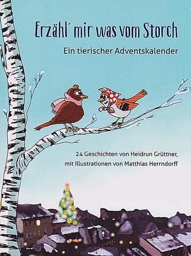 Erzähl mir was vom Storch: Die Illustration zeigt zwei Vögel im Winter. Beide haben einen Schal um und unterhalten sich